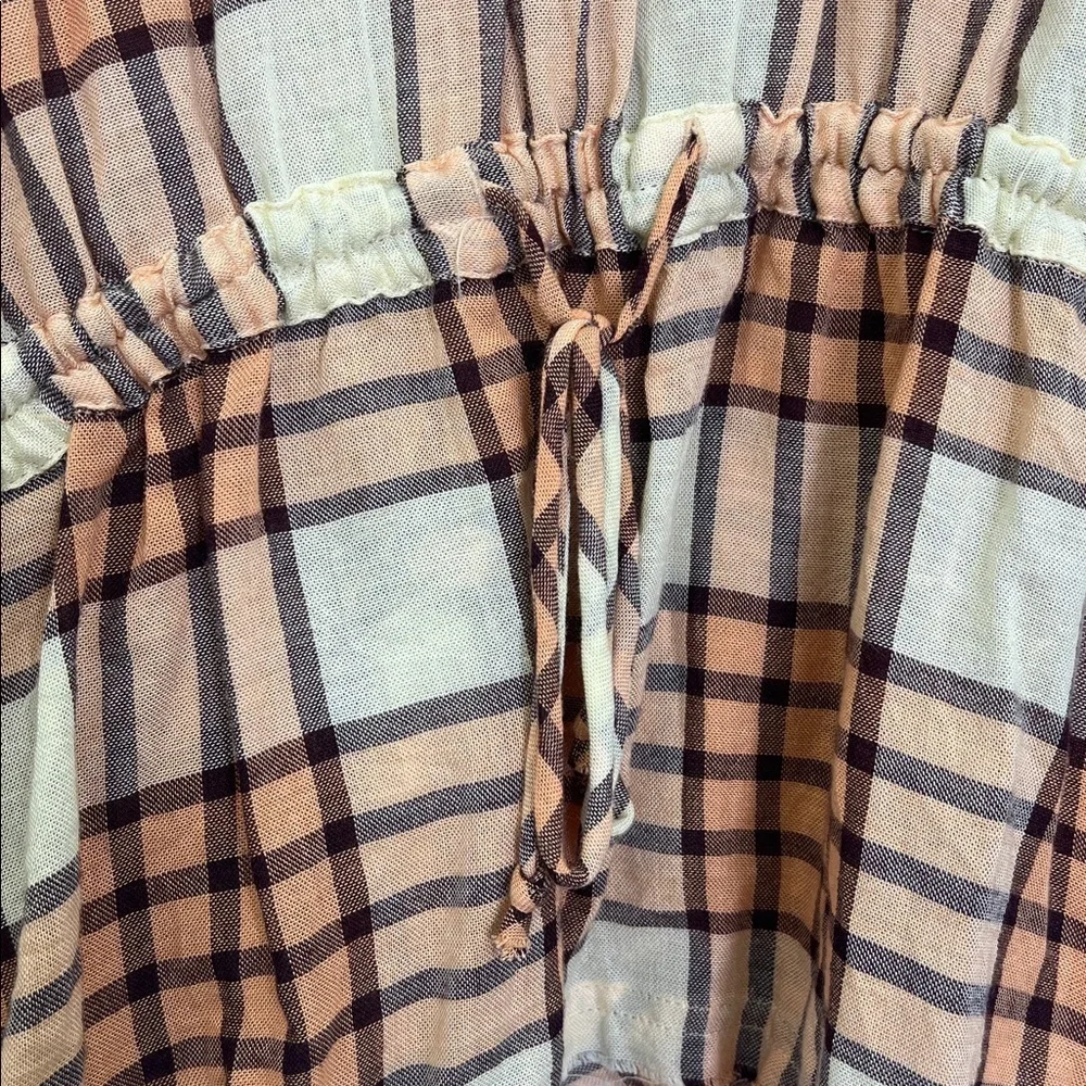 Free People - Pacific Dawn Peach And Cream Plaid Cinched Back Blouse Size Small